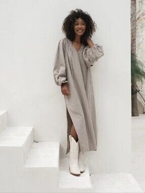 Daughters of India Brown & Cream Checked Balloon-Sleeve Maxi Dress Size XS